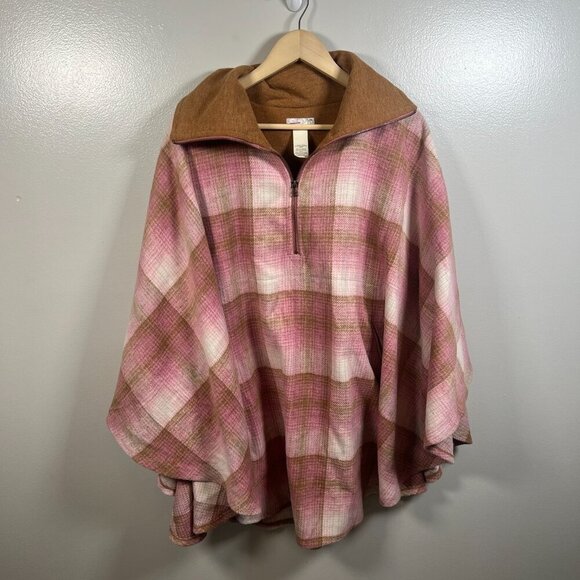Free People Woodstock Brushed Plaid Poncho Cape Pink Brown One Size Fall Cozy - Picture 2 of 10